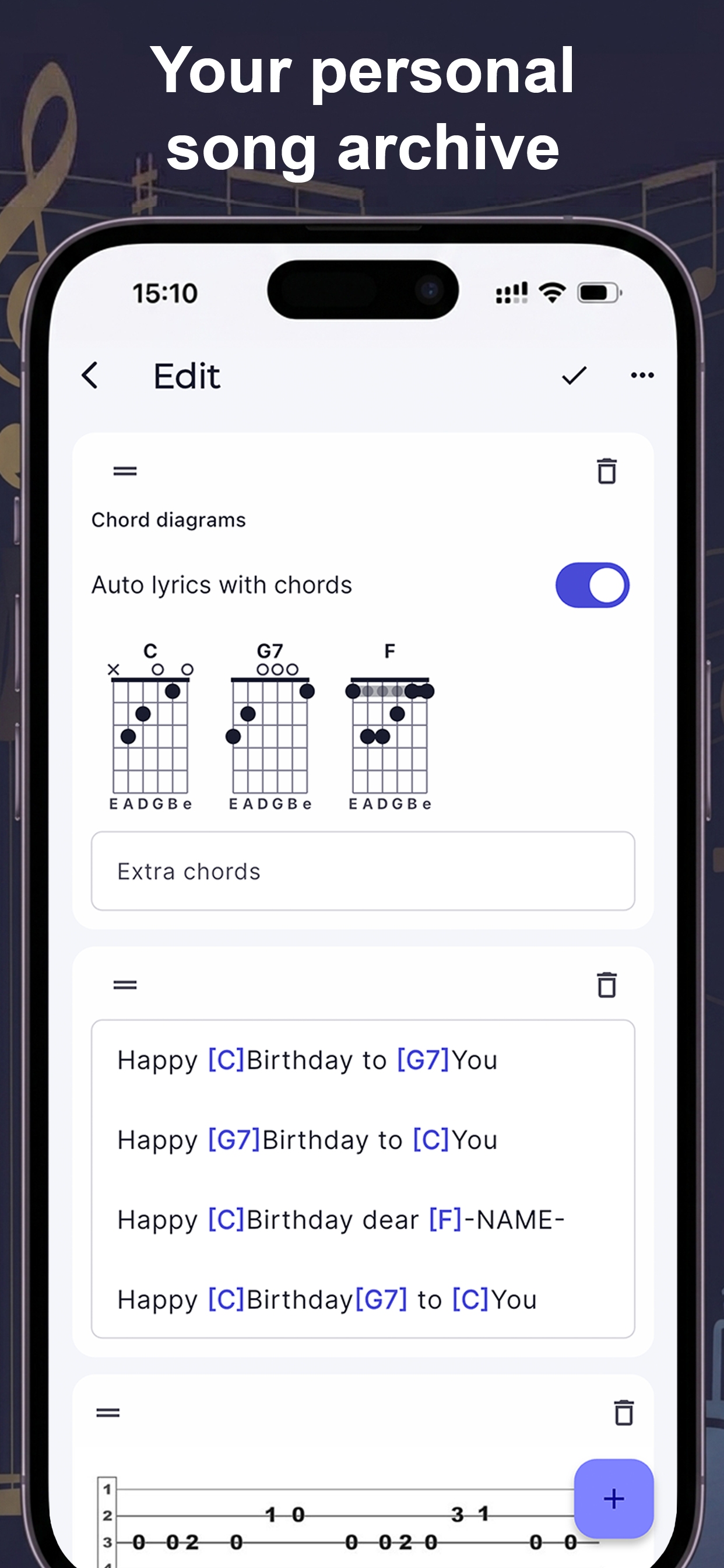 Edit song with chord diagrams and tabs